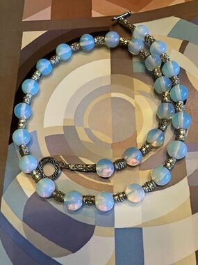 OPALITE BEAD NECKLACE WITH DETAILED SILVER-TONE SPACERS AND CLASP